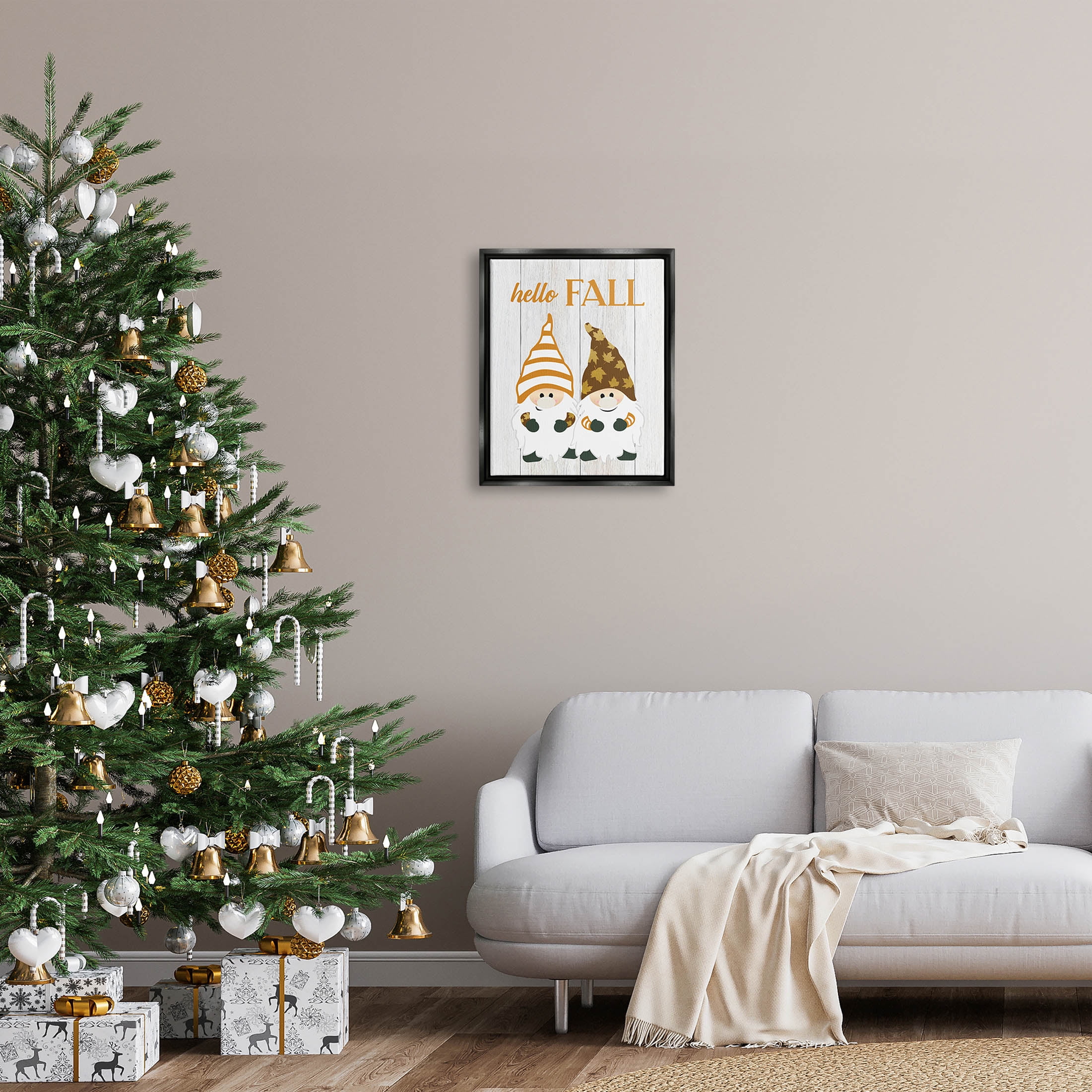 Stupell Industries Hello Fall Whimsical Gnomes Graphic Art Jet Black Floating Framed Canvas Print Wall Art, Design by CAD Designs
