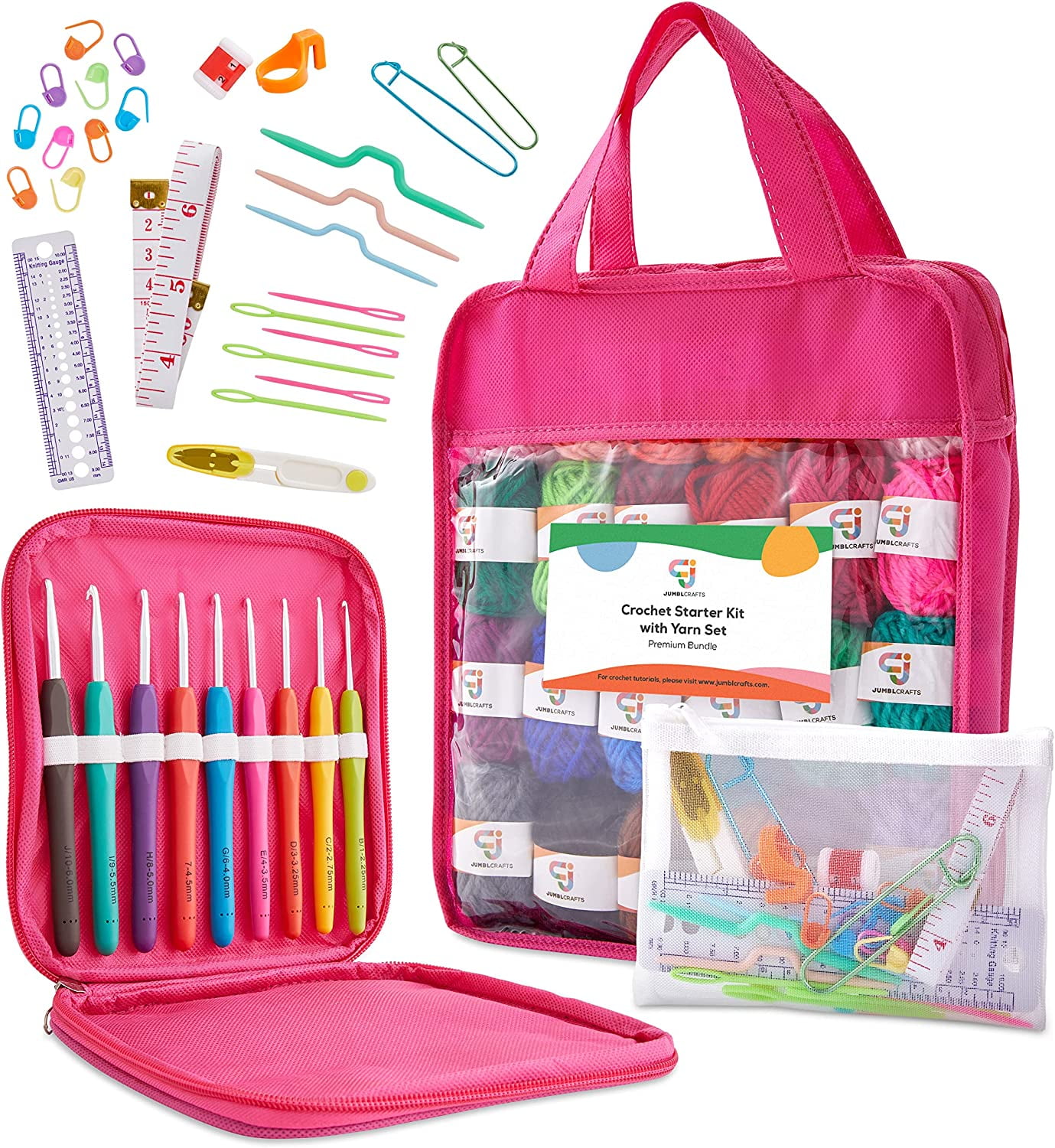 JumblCrafts Crochet Kit W/Crochet Hooks, Multicolor Weaving Needles & 24 Acrylic Yarn Set, Crochet Starter Kit