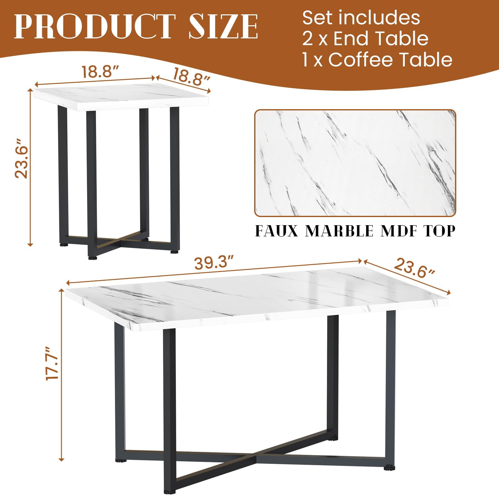 Cvortll Coffee Table Sets 3-Pieces, Modern Faux Marble Coffee Table with 2 Square End Side Tables, Large Sturdy Coffee Table Set for Living Room, White