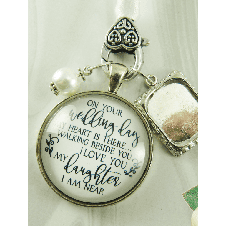 Memorial Wedding Bouquet Charm Mom and Dad You Walk Beside Me Every Day  Honor Parents 1 Photo Memory Frame Antique Silvertone White Glass Pendant