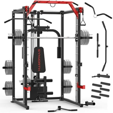 Home Gym Smith Machine, 2000 LBS Power Rack, Power Cage with Cable System, Chest Press Machine, LAT Pulldown System, Spotter Arms, Leg Curl Attachment