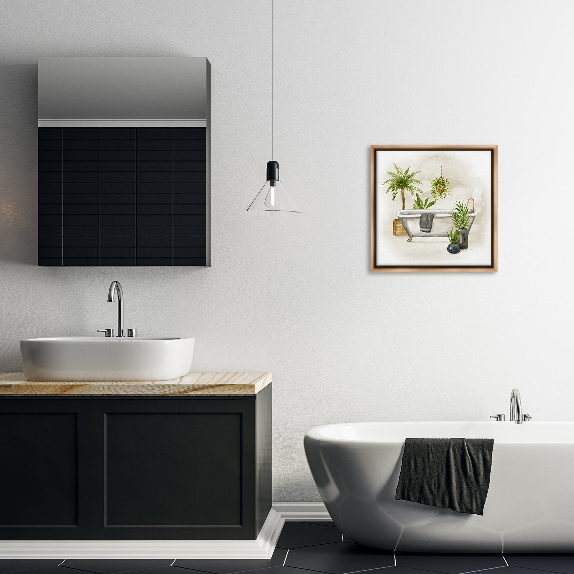 Stupell Industries Plant Filled Bathroom Bath & Laundry Painting Brown Floater Framed Canvas Art Print Wall Art, 18 x 18