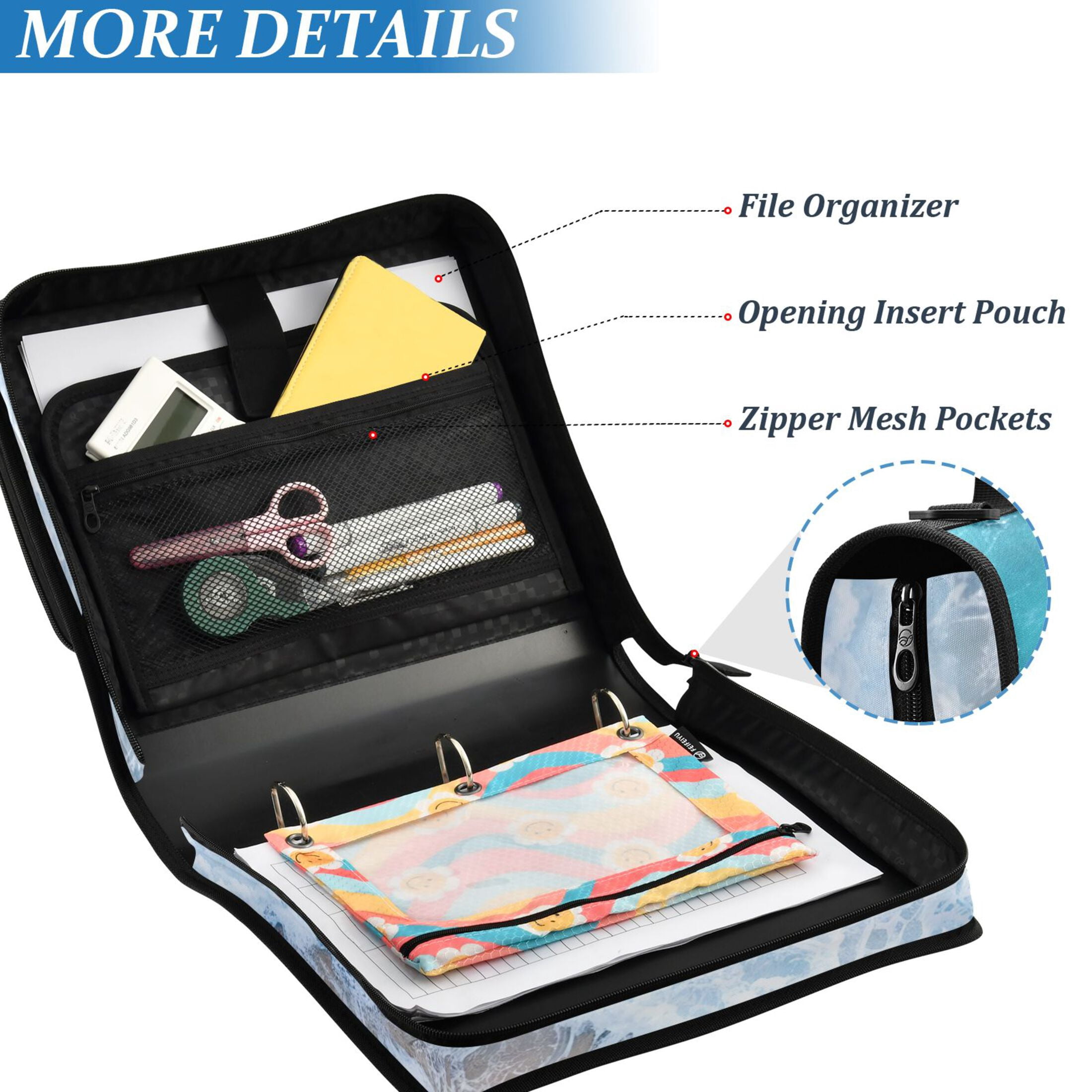 3 Ring Zipper Binder with Shoulder Strap Waterproof Trapper Keeper 2 Inch D-Ring 500 Sheets Capacity Beach and Waves