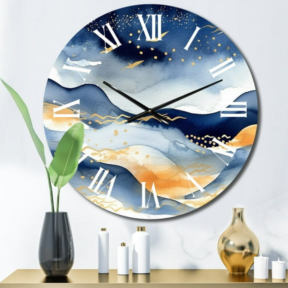 Designart "Abstract in Dark Blue and Gold IX" Fractals Oversized Wall Clock