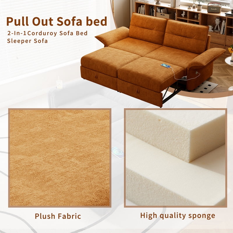 85" Convertible Sofa Bed, 2-in-1 Sleeper Sofa with Plush Fabric, Full-Size Pull-Out Couch with USB Charging Ports, Solid Wood Frame, High-Resilience Foam for Living Room & Small Space