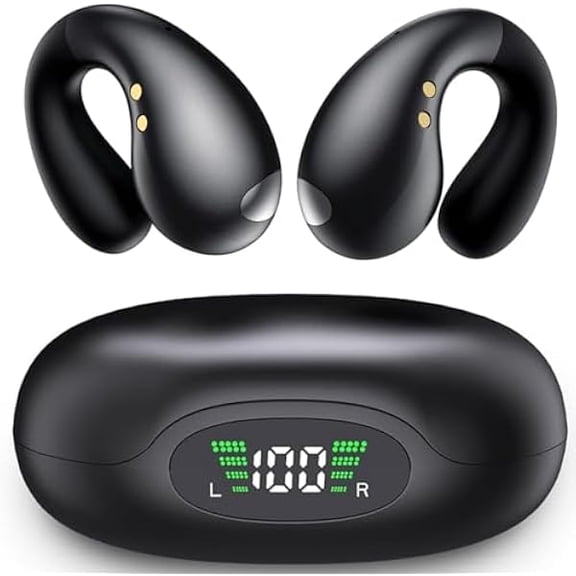 Open Ear Clip Bone Conduction Earbuds - Enhanced Comfort Wireless Bluetooth 5.3 Sports Headphones, 40 Hour Play Time, Digital Display with Charging Case, Waterproof Running and Fitness earphones