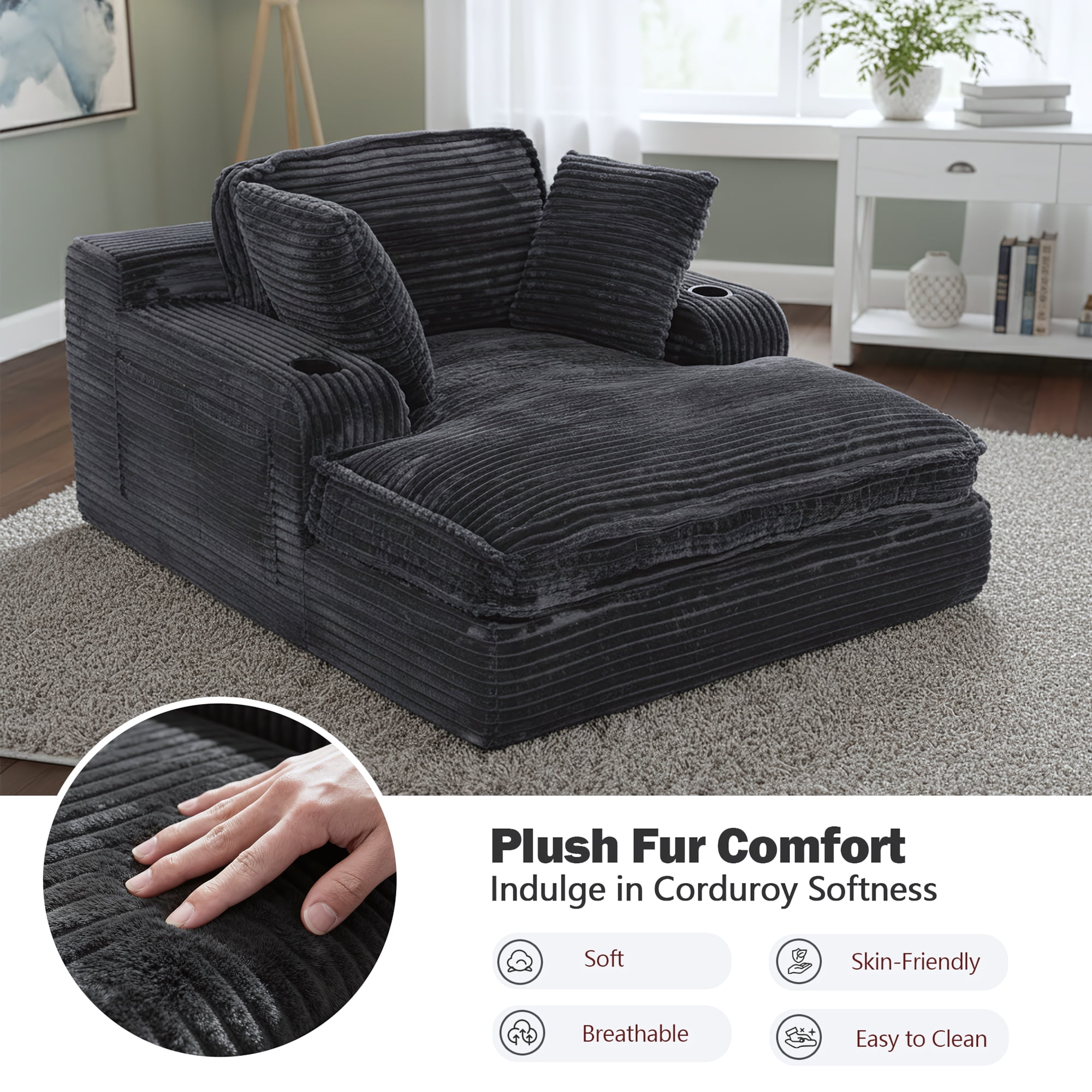EOP 67'' Oversized Chaise Lounge Chair Indoor, Plush Boneless Cloud Couch with Side Pockets & Cup Holders, Comfy Corduroy Sleeper Couch with Removable Pillows for Living Room, Black