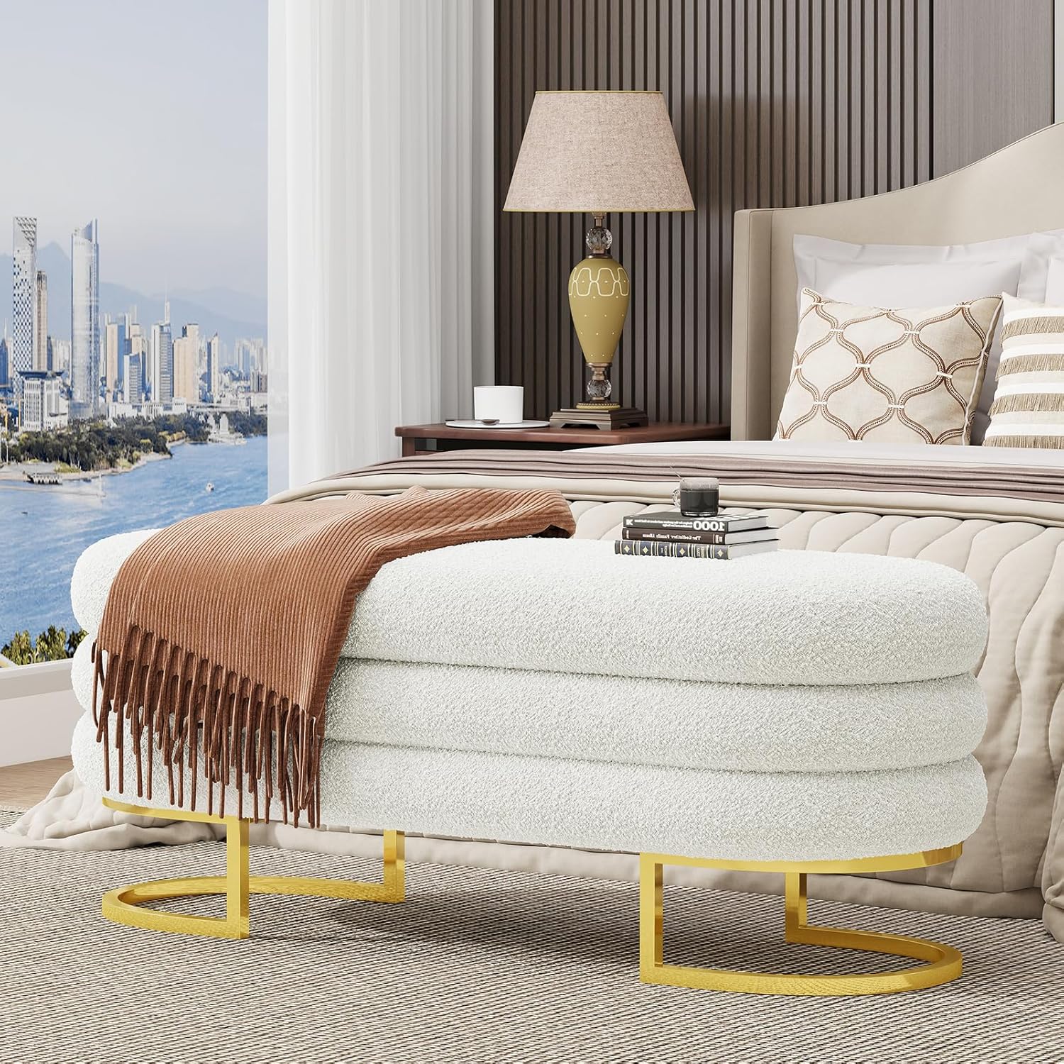 Vabches Large Storage Ottoman Bench with Golden Metal Leg, 48.8" Linen Upholstered Storage Bench for Living Room, Bedroom, Entryway, Beige
