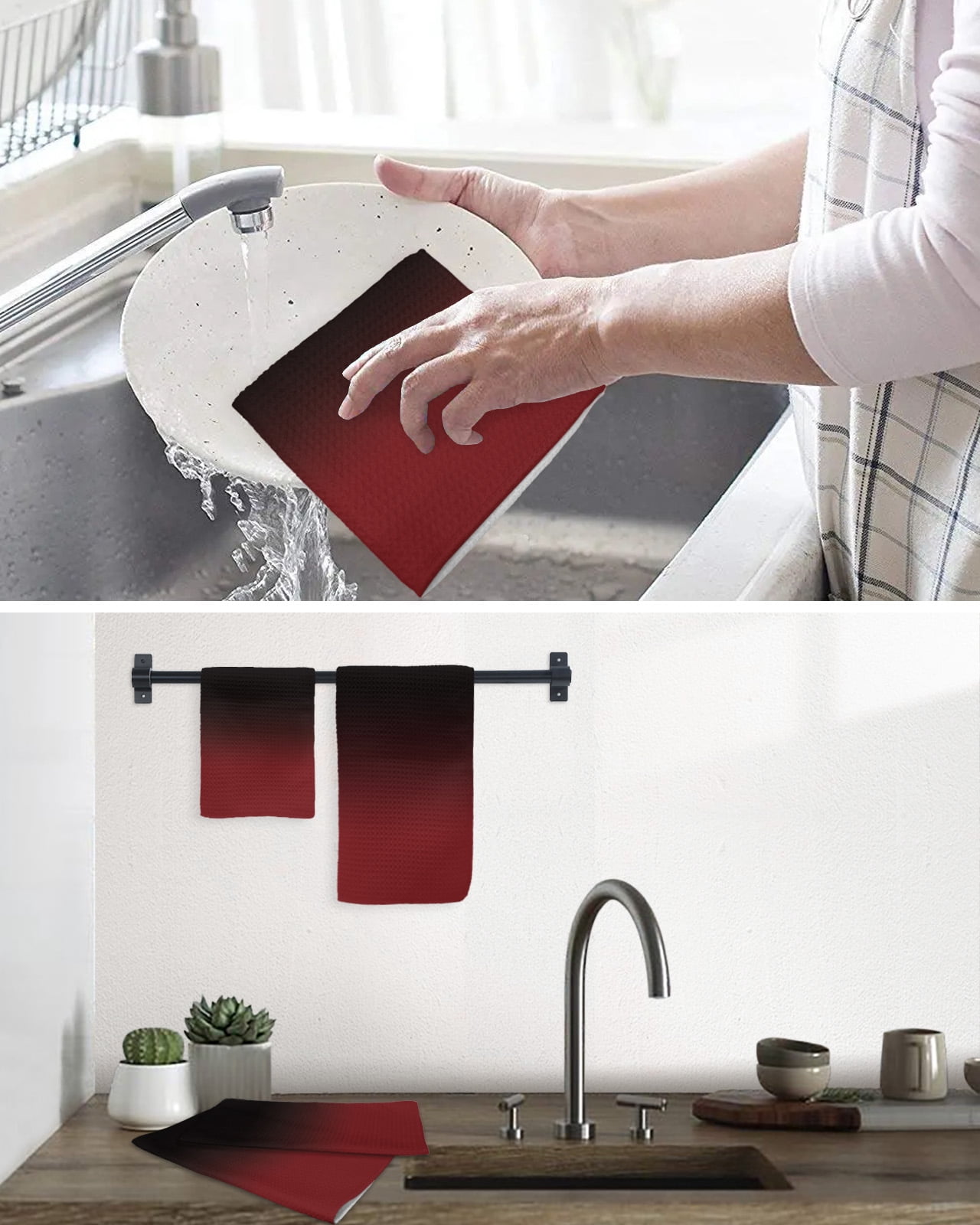 Black Red Ombre Dish Towels Set, Waffle Weave Kitchen Towels 3 Pieces, Modern Abstract Art Gradient Microfiber Hair Face Bath Tea Towel Absorbent Quick Drying Cleaning Dish Cloths 12"x12"