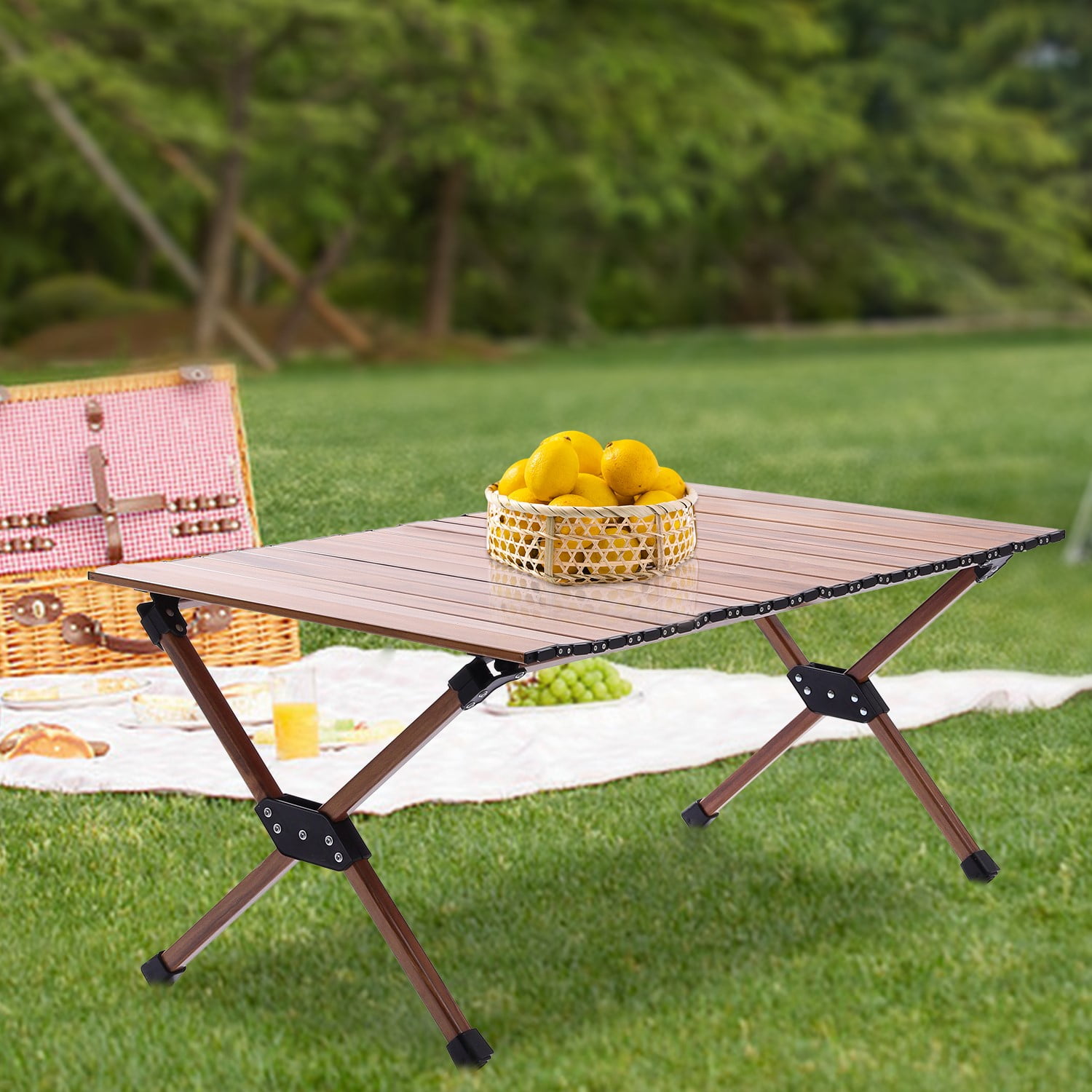 YIYIBYUS Folding Camping Table Portable RollUp Wood Grain Picnic Table