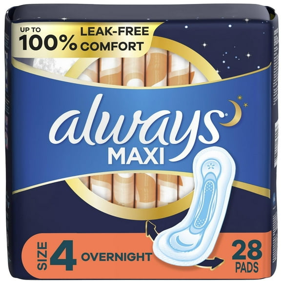 Always Maxi Overnight Pads without Wings for Women, Size 4, Overnight Absorbency, Unscented, 28CT