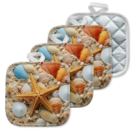 

4 Pack Pot Holders Kitchen Essential Potholder Set Starfish And Diverse Seashells On The Sand
