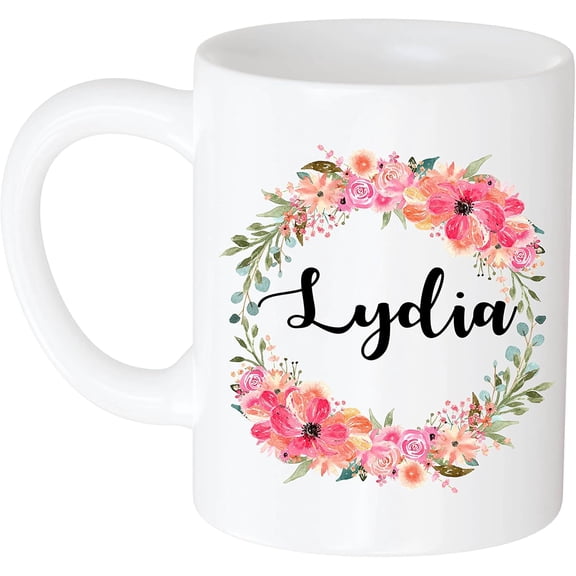 Coffee Mug Personalized Coffee Mug - Gift for Women, Customized Name Lydia Flower and Name 11oz White Mug 210368