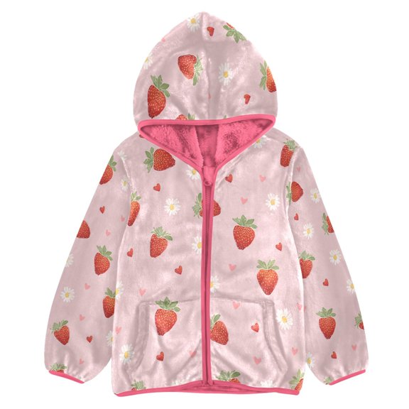 BZSMCE Double-Sided Sherpa Fleece Hooded Zipper Jacket Pink Strawberry Daisy Pattern Print Warm Outerwear