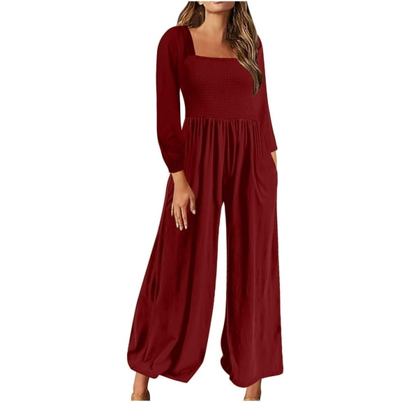 aidice Summer Jumpsuits for Women Square Neck Long Sleeve Smocked Comfy Loose High Waisted Pants Rompers