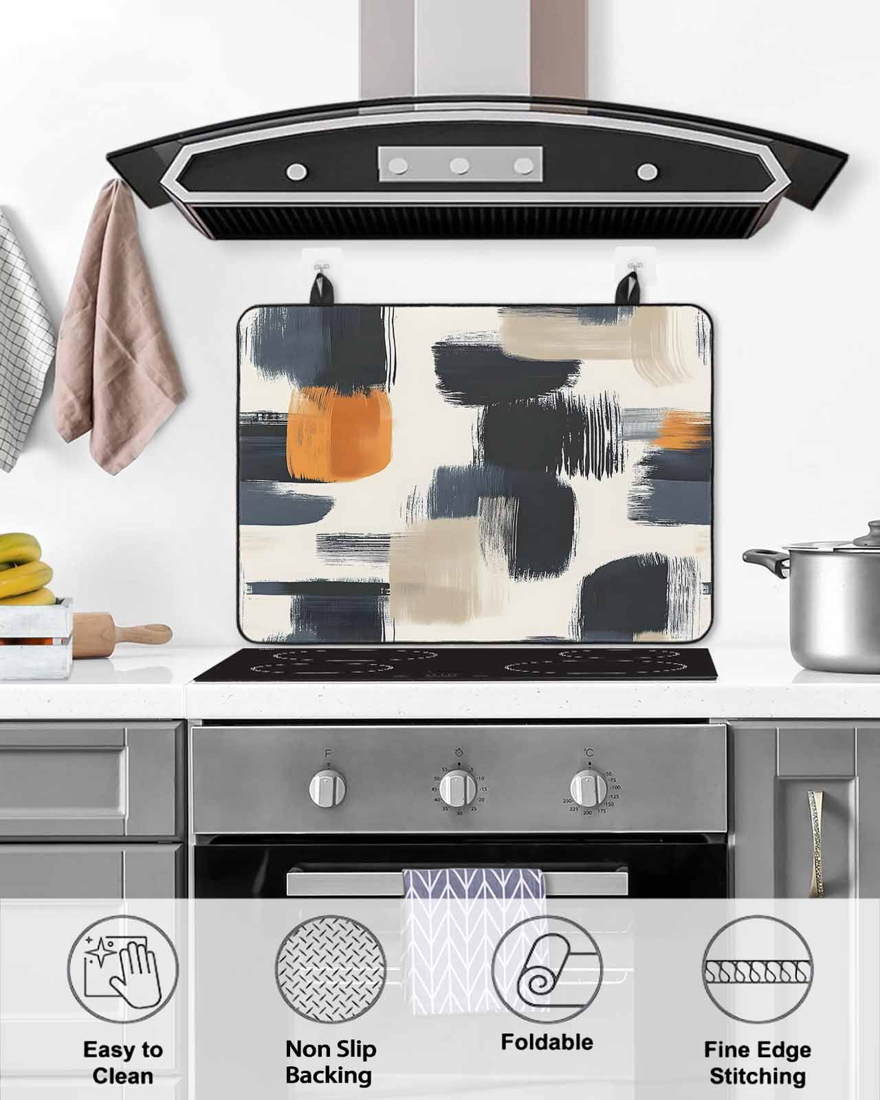 nqOlkjepod Large Induction Cooktop Protector Mat 24"x21", Black Khaki Stove Top Covers for Electric Stove, Geometric Simple Middle Century Art Stove Burner Cover Mats, Glass Top Stove Cover