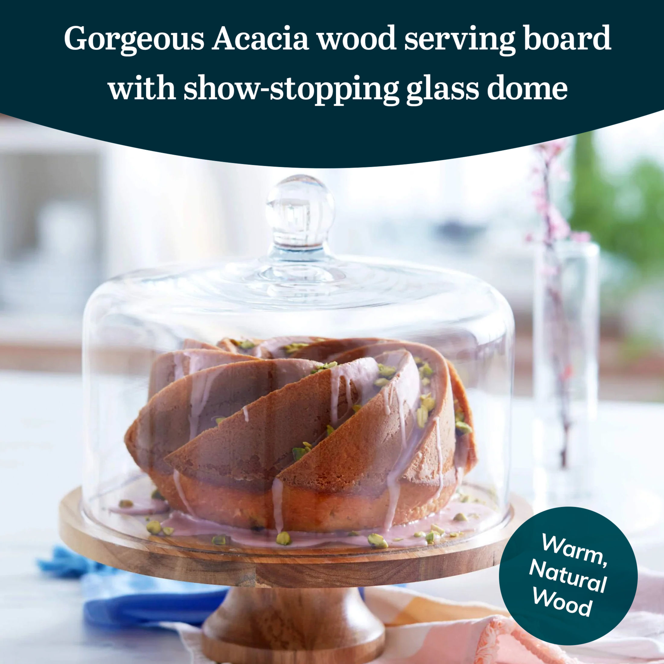 Libbey Acacia Wood Cake Stand with Glass Dome photo 2