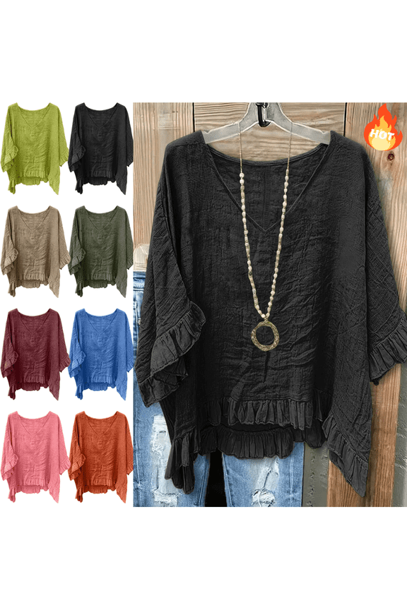 Womens V Neck Half Sleeve Blouses Ruffle Cuff Hem Textured Cotton Linen Top Oversized Loose Fit Boho Casual Summer Tops XL