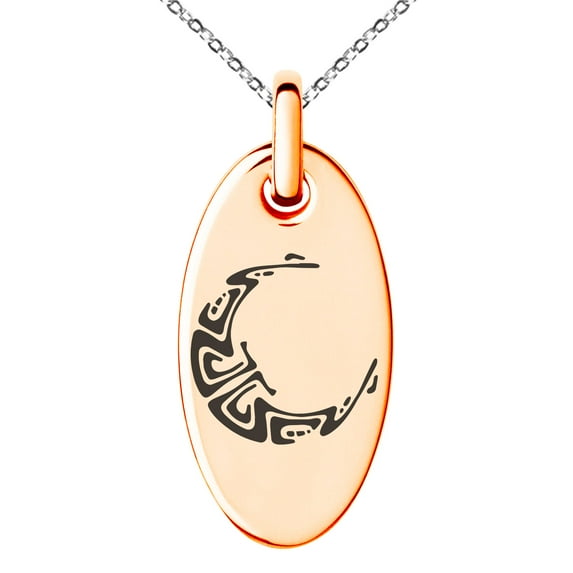Stainless Steel Mayan Crescent Moon Rune Engraved Small Oval Charm Pendant Necklace