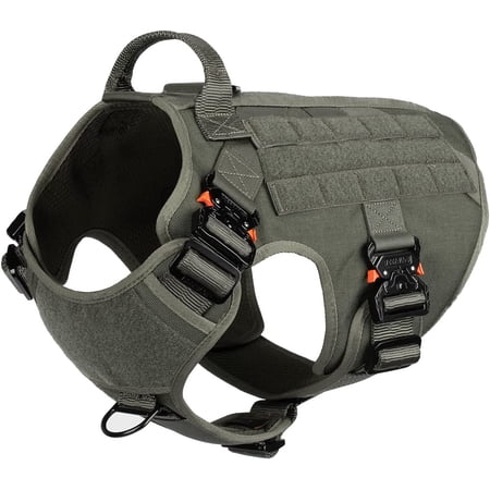 Tactical Dog Harness with 4X Metal Buckle MOLLE K9 Vest with Handle No-Pull Front Clip Adjustable Pet Harness for Large Dogs (L 28 -35 Chest Brown)