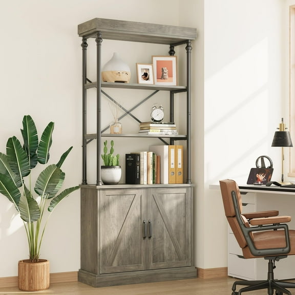 Tall Bookshelf with Doors 73.62in Industrial Storage Open Rack Shelf with Cabinet Wood and Metal Bookcase Farmhouse Bookshelves Large Vintage Display Rack Home Office