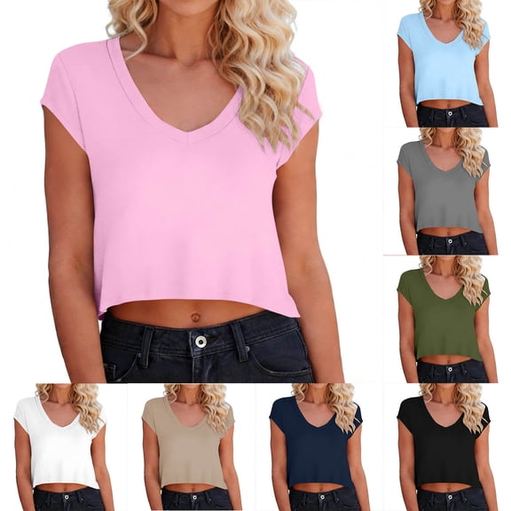 Oversized T Shirts for Women Short Sleeve Crop Tops V Neck Baggy Cropped Tees Loose Solid Color Casual Tee Summer Outfit Trendy Clothes