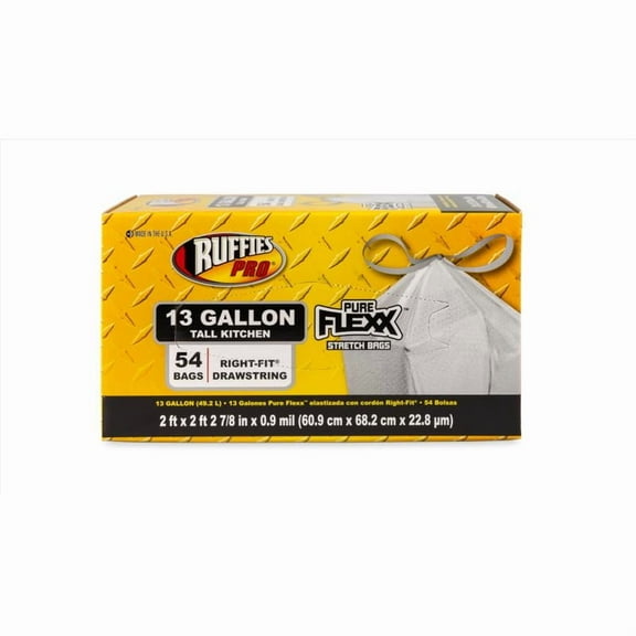 Ruffies Pro 1061473 Pure Flexx Stretch Tall Wing Tie White Kitchen Trash Bags, 13 gallon, White