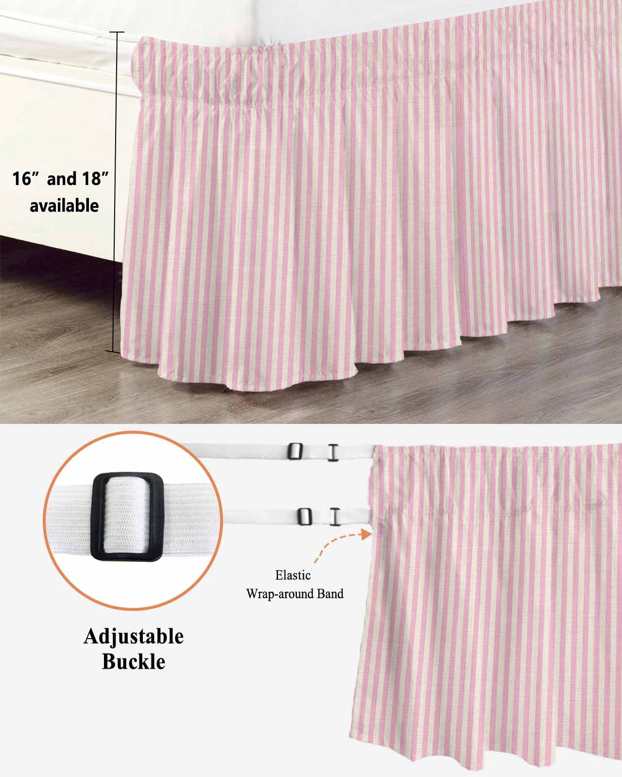Pink Striped Wrap Around Bed Skirts for California King Bed 16" Drop,Bed Skirt with Adjustable Elastic Belt Dust Ruffle Bed Valance for Bedroom Modern Simple Farmhouse Beige Vintage Bed Frame Cover