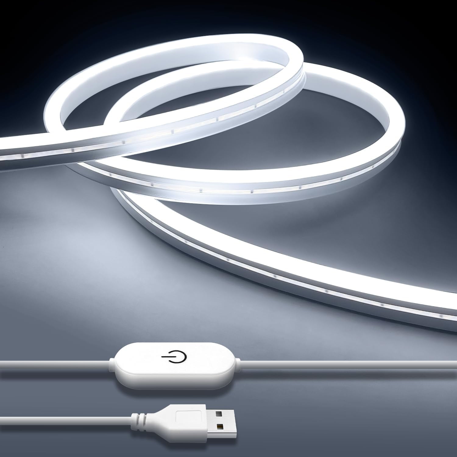 RGHJAR-USB LED Neon Lights Strip White, 6.6ft 5V Neon Rope Lights Waterproof Flexible Dimmable LED Neon Tape Lights for TV Backlight, Bedroom, Cabinet, Kitchen, DIY Lighting