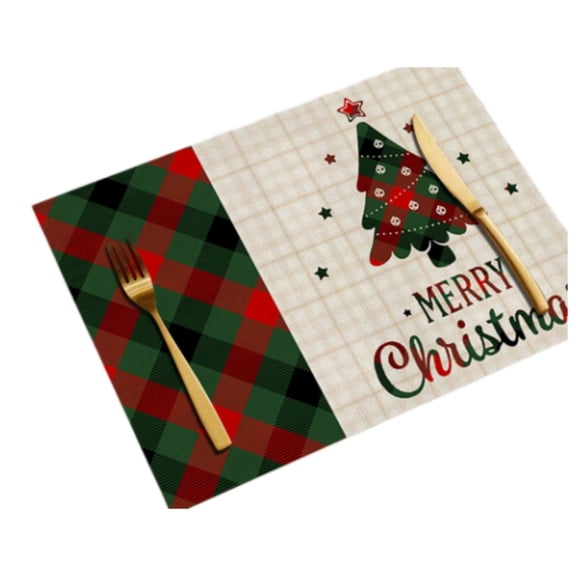 Christmas Plaid Placemat Set, Merry Christmas Printed Fabric Table Mat, Heat Resistant Dining Placemat for Holiday Family Dinner Party