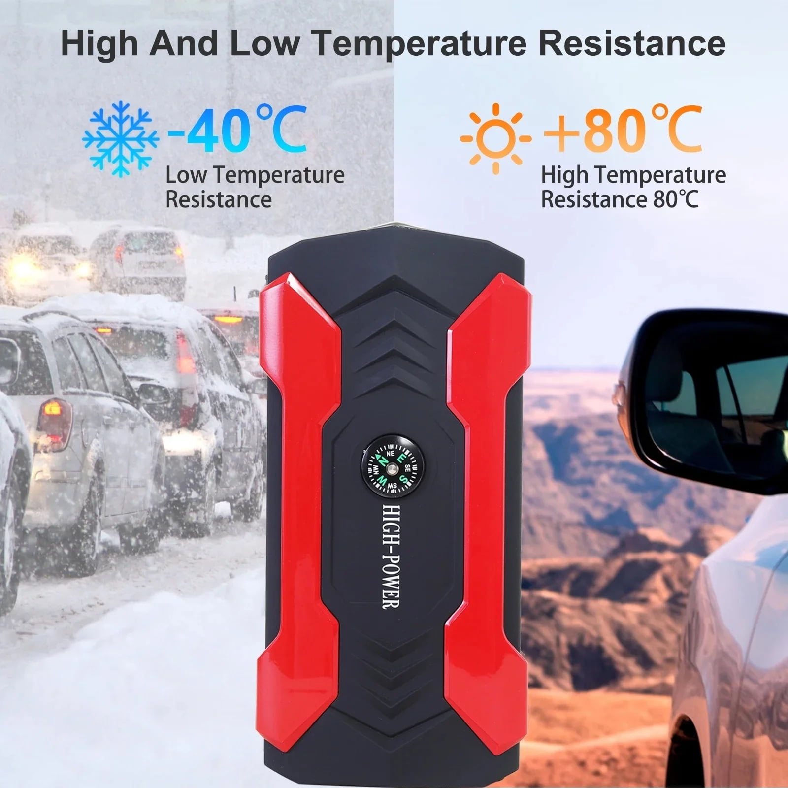 Car Jump Starter, 99800mAh Peak Car Battery Charger, 12V Jump Box Jumper Battery Pack (up to 10L Gas or 8.5L Diesel) with Portable Charger, Emergency LED Light, Escape Safty Hammer, Compass
