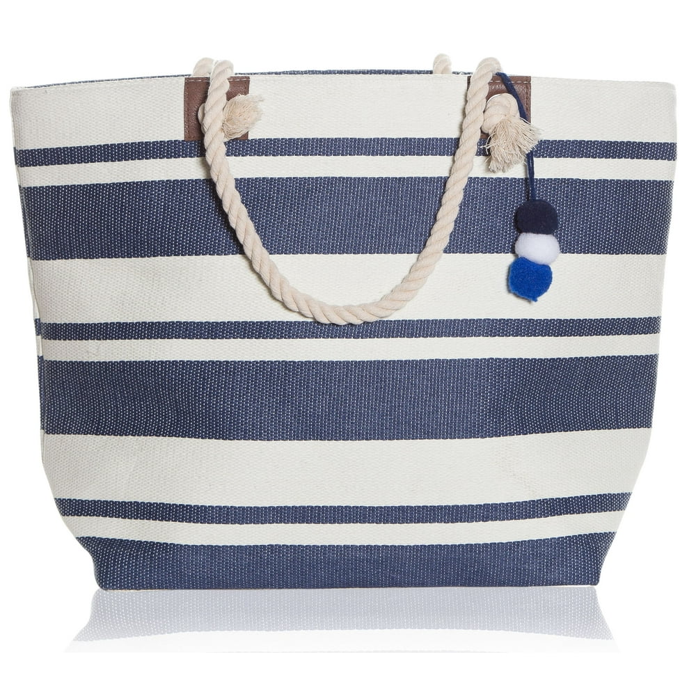 Pier 17 Large Zipper Top Stripe Straw Look Beach Bag Tote 20"x15"x6" (Navy White Stripe