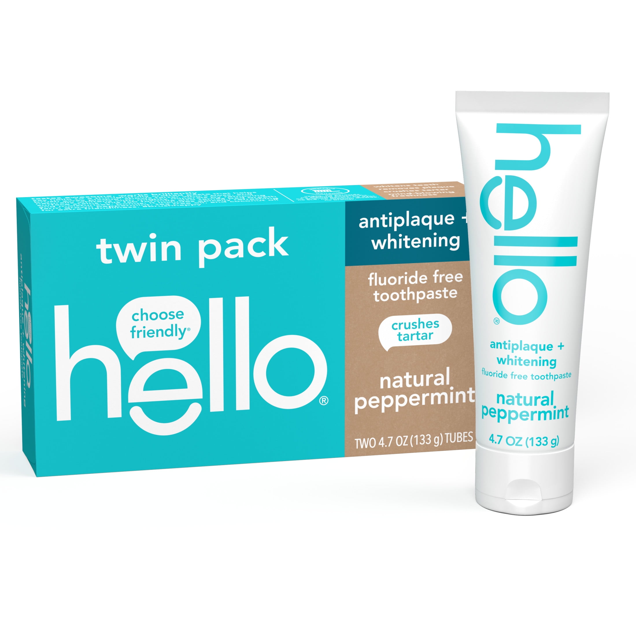 hello Antiplaque Whitening Fluoride Free Toothpaste, Natural Peppermint, 2 Pack, 4.7 Oz Tubes