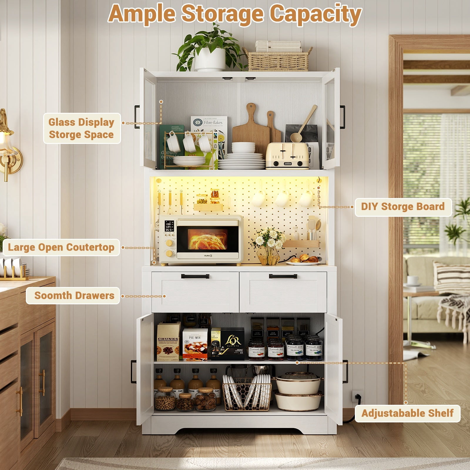 Homieasy 71'' Tall Farmhouse Pantry Cabinet with 6 Drawers and 12 Doors, 94.5'' Width 3-Piece Cupboard with Adjustable Shelves for Dining, Kitchen, Living Room, White