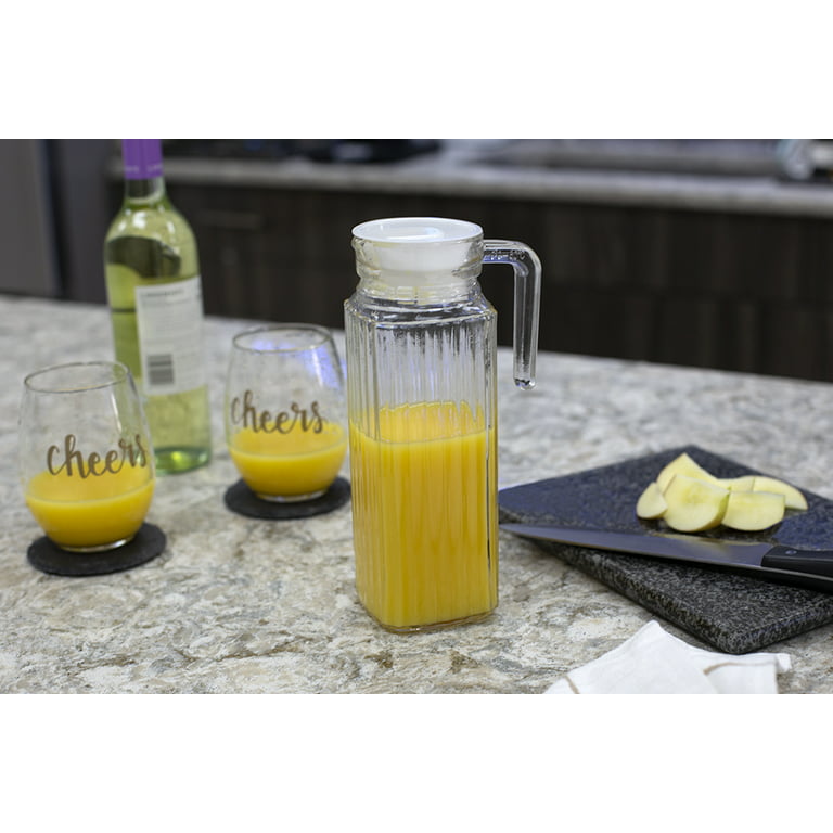 NETANY Set of 4 Glass Carafe with Lid, 1 Liter Beverage Serveware Carafe,  Clear Glass Pitcher for Mimosa Bar, Brunch, Cold Water, Juice, Milk, Iced