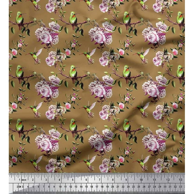 Soimoi Georgette Viscose Fabric Hummingbird,Leaves & Rose Floral Print Sewing Fabric Yard 42 Inch Wide