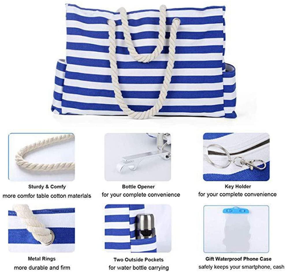 Canvas Blue Stripe Cotton Rope Handles Shoulder Beach Tote Bags KUAK Extra Large Beach Bag with 100% Waterproof Phone Case Key Holder Top Zipper Closure Two Outside Pockets Bottle Opener 