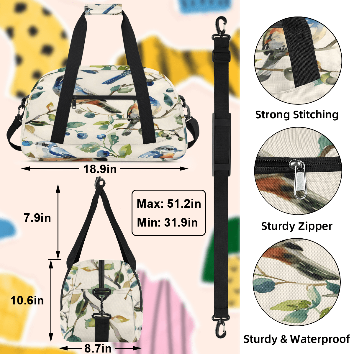 Herdesigns Sports Duffle Bags Travel Duffle Bag Gym Bag Bird Vintage Weekender Travel Bag Waterproof Overnight Bag Carry On Travel Tote Bag Dance Bags