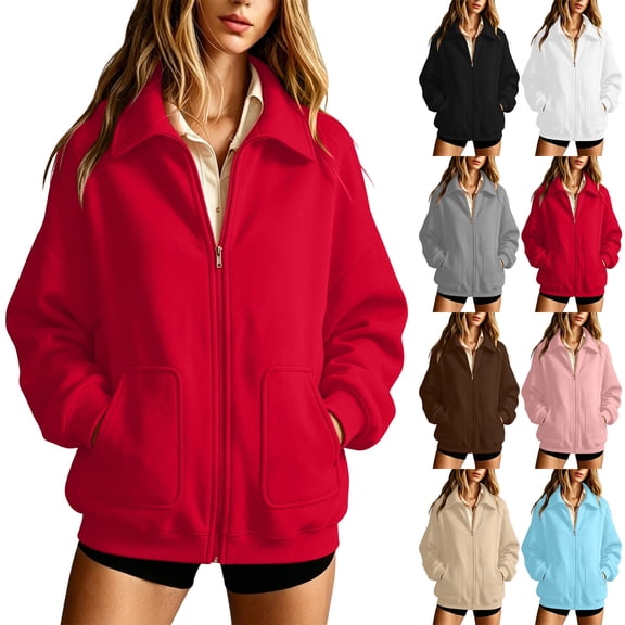 Women's Solid Full Zip High Collar Sweatshirt Long Sleeve Loose Casual Zip up Jacket with Pockets Lightweight Hoodless Outerwear Tops White