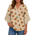 thumbnail image 4 of Women's Halloween Pumpkin Print Ruffle Sleeve Blouse, Festive Button Down Top for Parties, Comfortable Loose Fit Shirt Halloween Tops for Women, 4 of 4