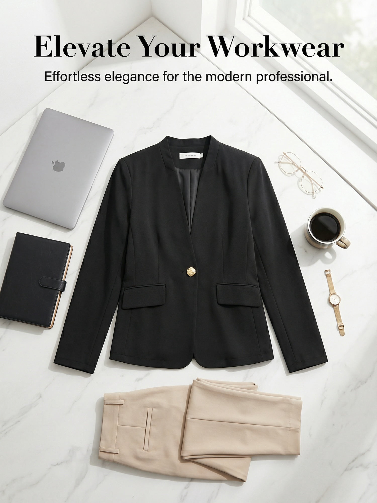 DARING DIVA Women's Office Single Breast Long Sleeve Collarless Blazer M Black