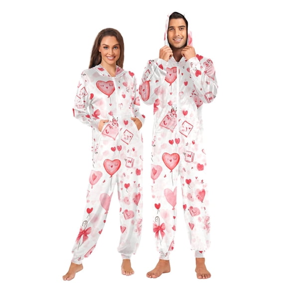 Valentine's Day Design Heart Adult onesie Pajamas, Crystal Velvet Ultra Soft Warm Jumpsuit for Men and Women