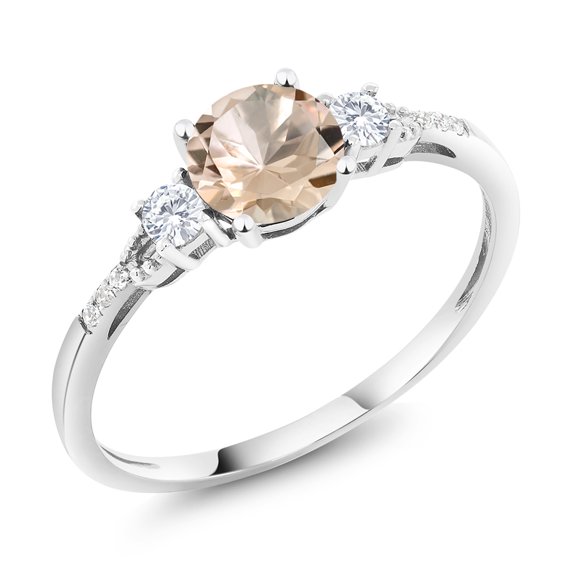 Gem Stone King 10K White Gold Peach Morganite White Created Sapphire and White Diamond Accent 3-Stone Engagement Ring for Women (0.74 Cttw, Round 6MM, Gemstone October Birthstone, Size 9.5)