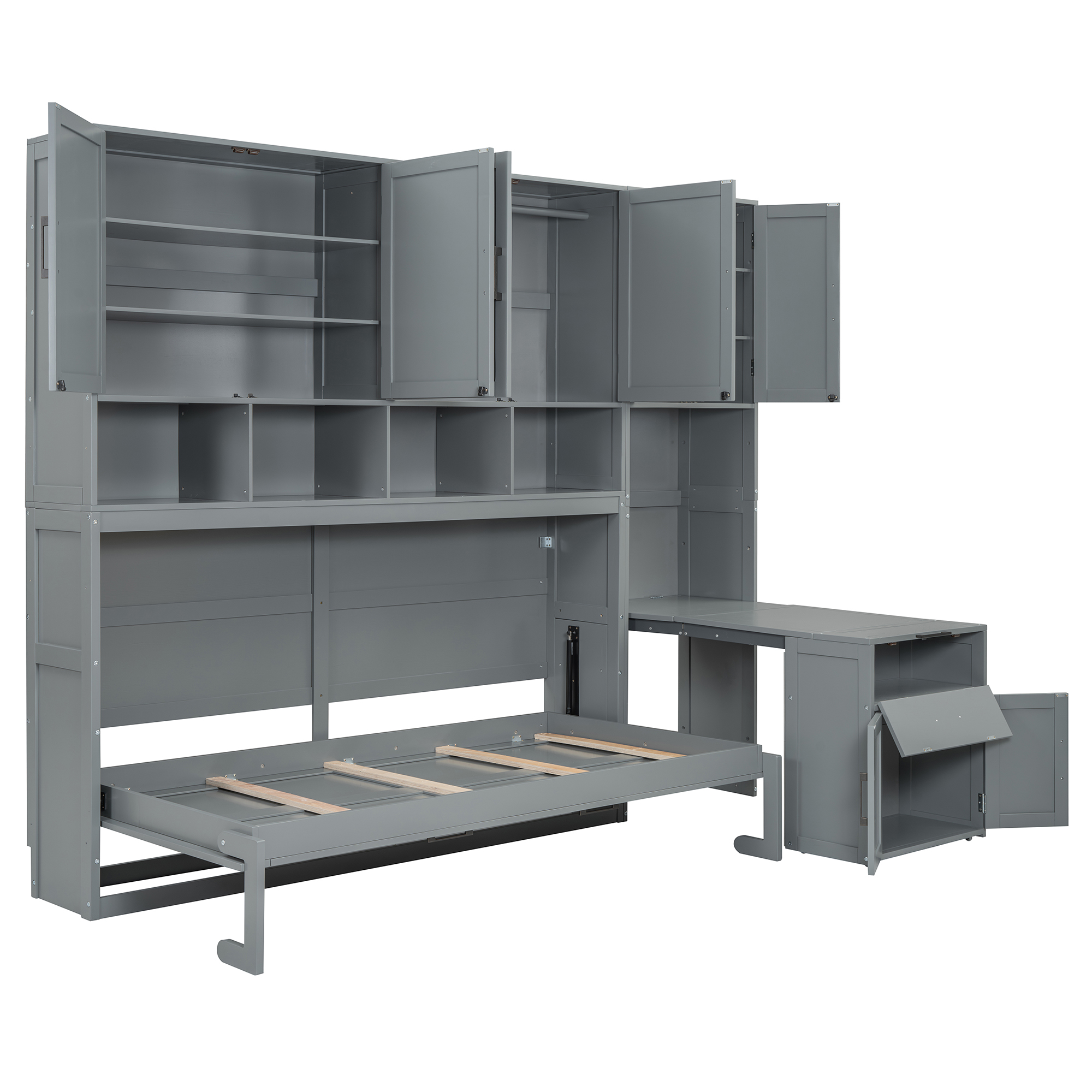 Twin Size Murphy Bed with Closet, Writing Desk, Storage Shelves for Space-Saving Guest Room