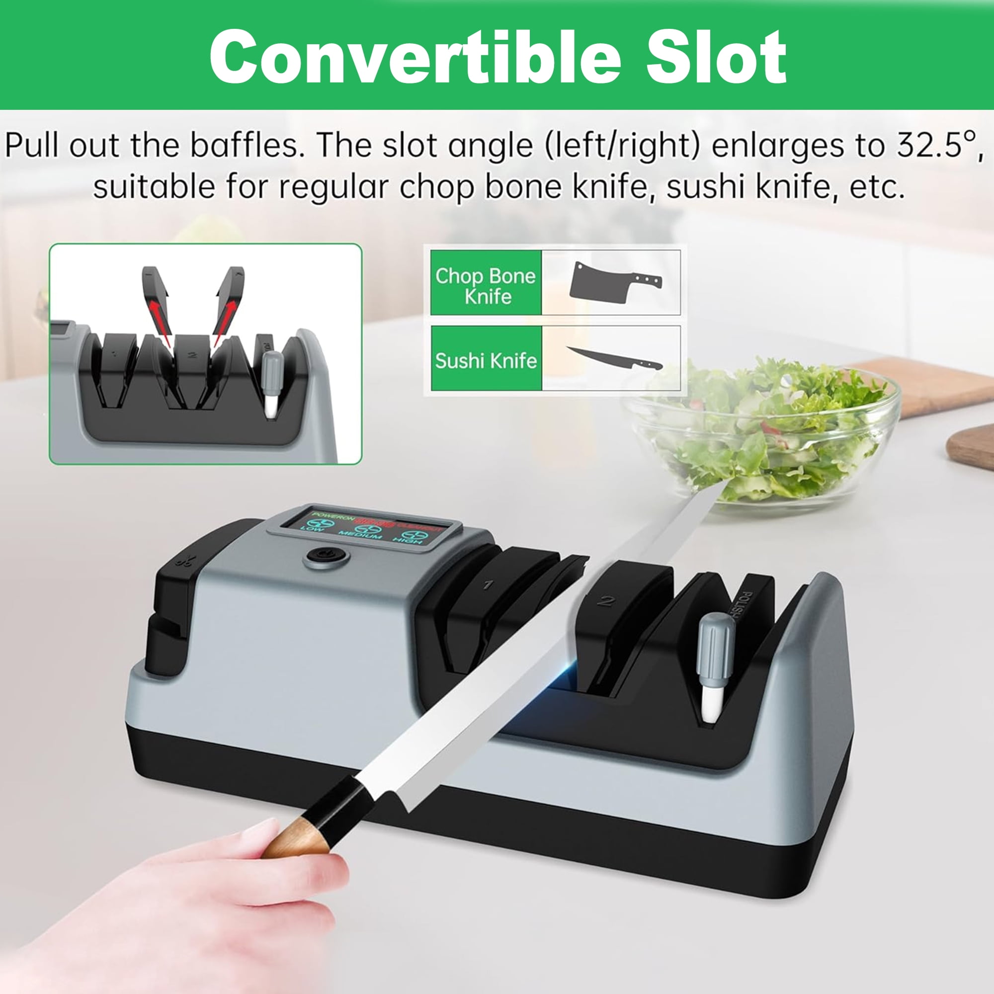 5 in 1 Electric Knife Sharpener with LCD Screen, 3 Rotational Speed Adjustable, 100% Diamond Abrasives, Electric Knife Sharpener for Straight, Serrated, Meat Cleaver, Ceramic Knives & Scissors, Gray