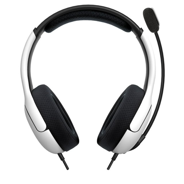PDP AIRLITE Wired Headset Frost White for PlayStation 5 and PlayStation 4, featuring lightweight white ear cups, black breathable mesh ear cushions, flexible noise-canceling microphone with flip-to-mute, and on-ear volume control for immersive gaming audio.