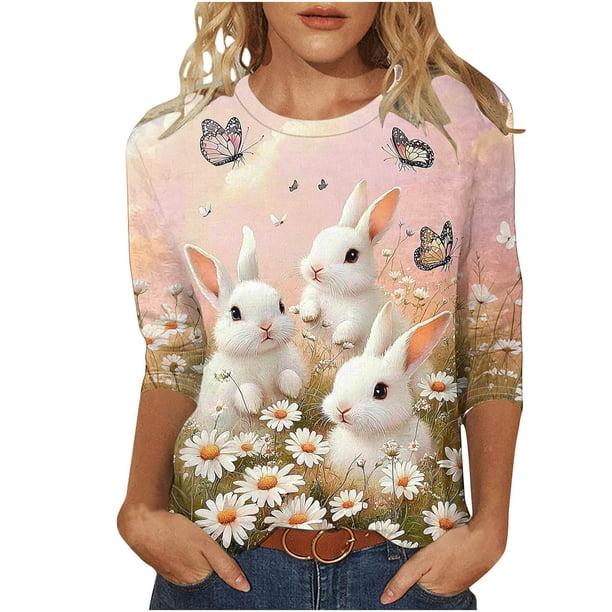 Camisetas de Pascua para Mujeres Pullover Suelto Cuello Redondo con Mangas de Tres Cuartos Y Estampado Festivo, Top Casual de Poliéster Ligero para Trajes Diarios de Primavera