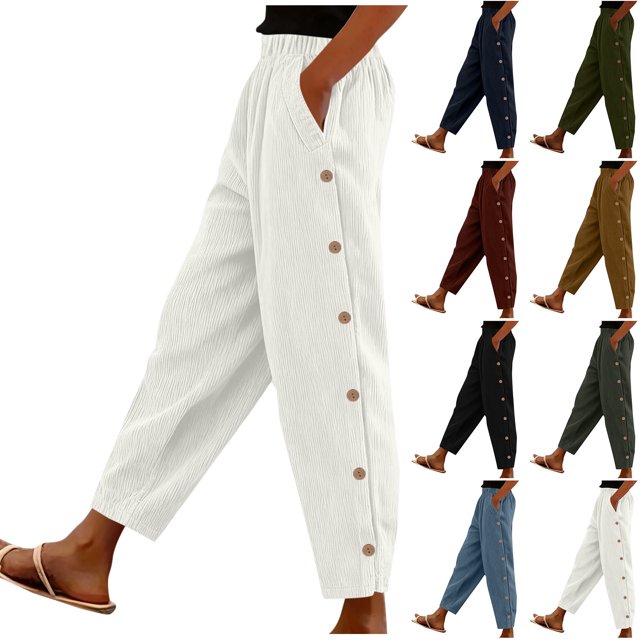 Pincandy Women's Solid Color Elastic Waist Corduroy Casual Pants, Side Pockets, Side Buttons, Casual & Daily Wear