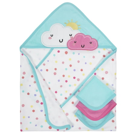 Gerber Organic Cotton Hooded Towel and Washcloths Bath Set, 4pc (Baby Girl)