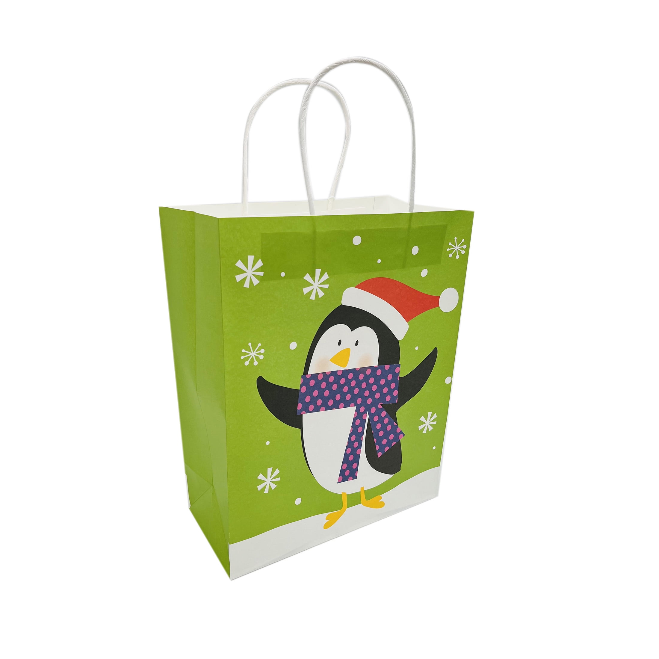 Holiday Time Christmas Gift Paper Bag, Green Penguin, Large, 10x5x13in